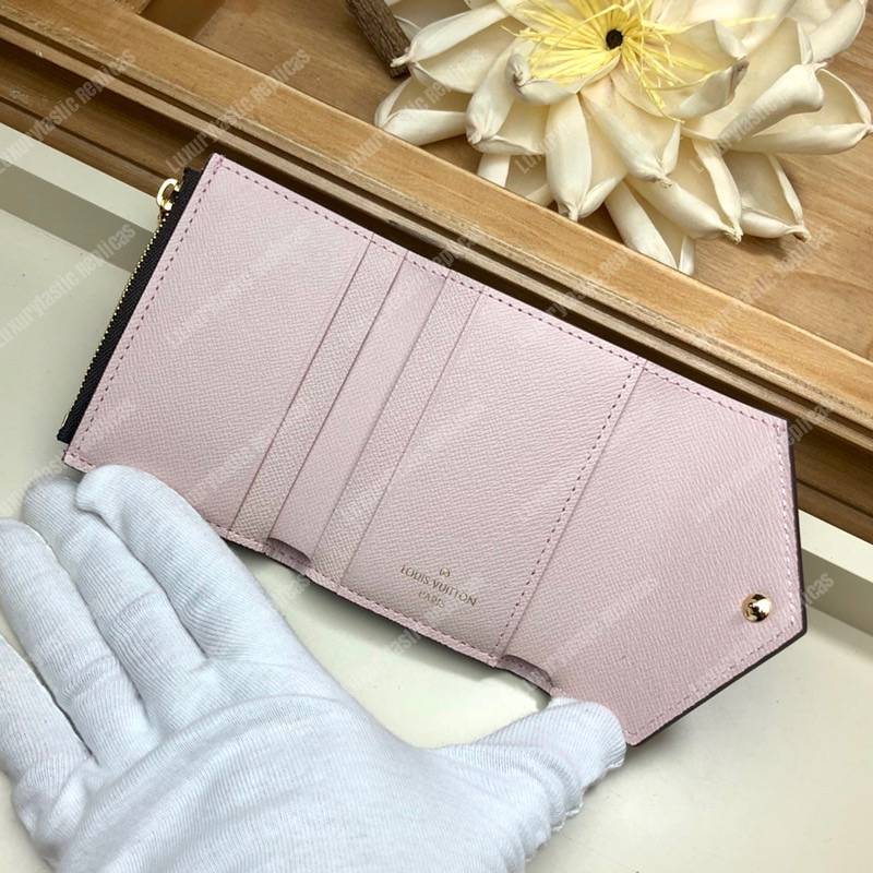 LV Zoé Wallet Damier Ebene Rose Ballerine colored leather