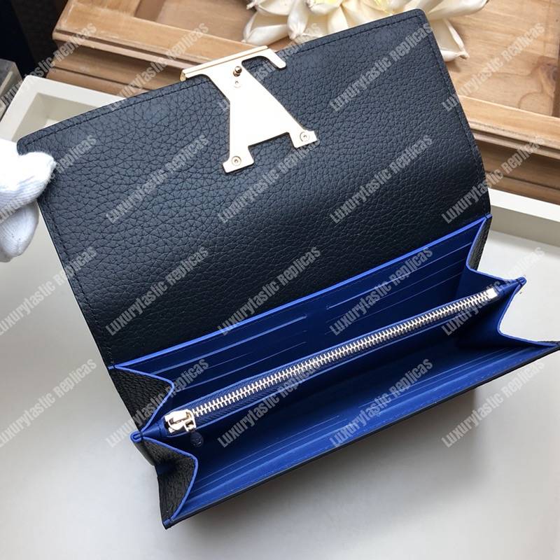 LV Capucines Wallet Taurillon Noir Leather Monogram Blue Flowers
