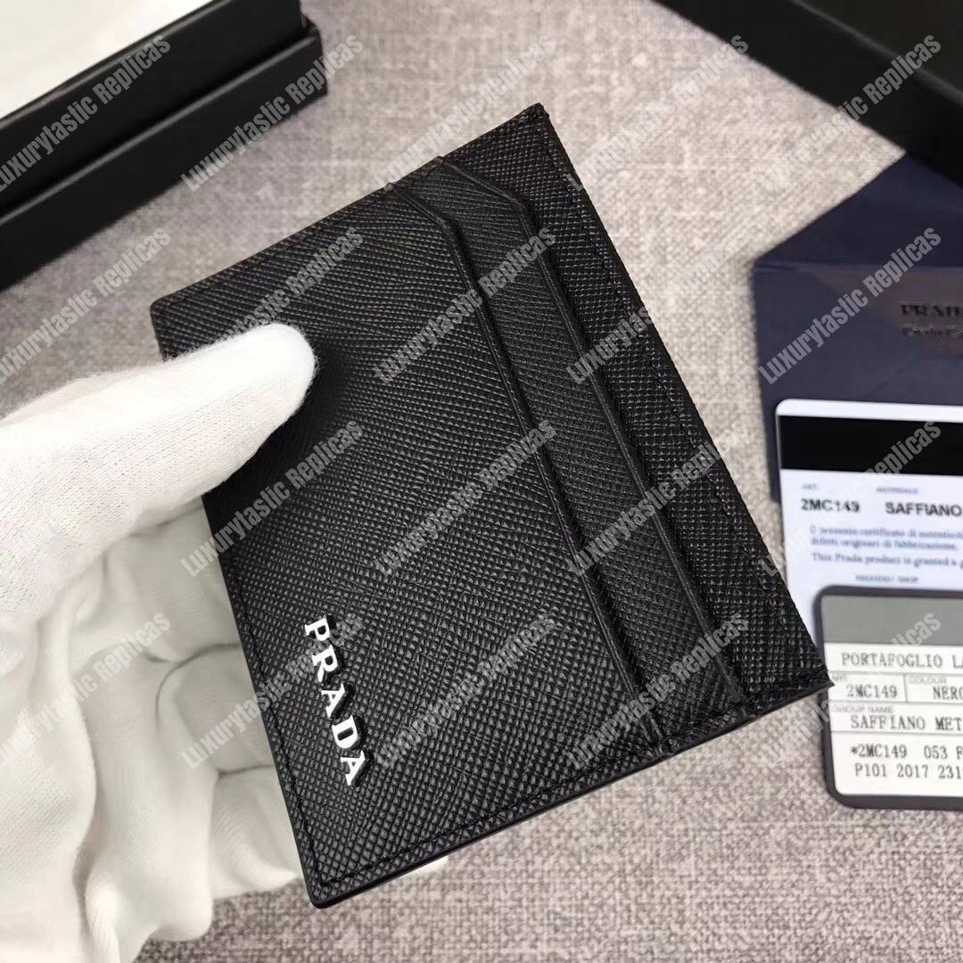 Pra*a saffiano leather card holder metal logo black