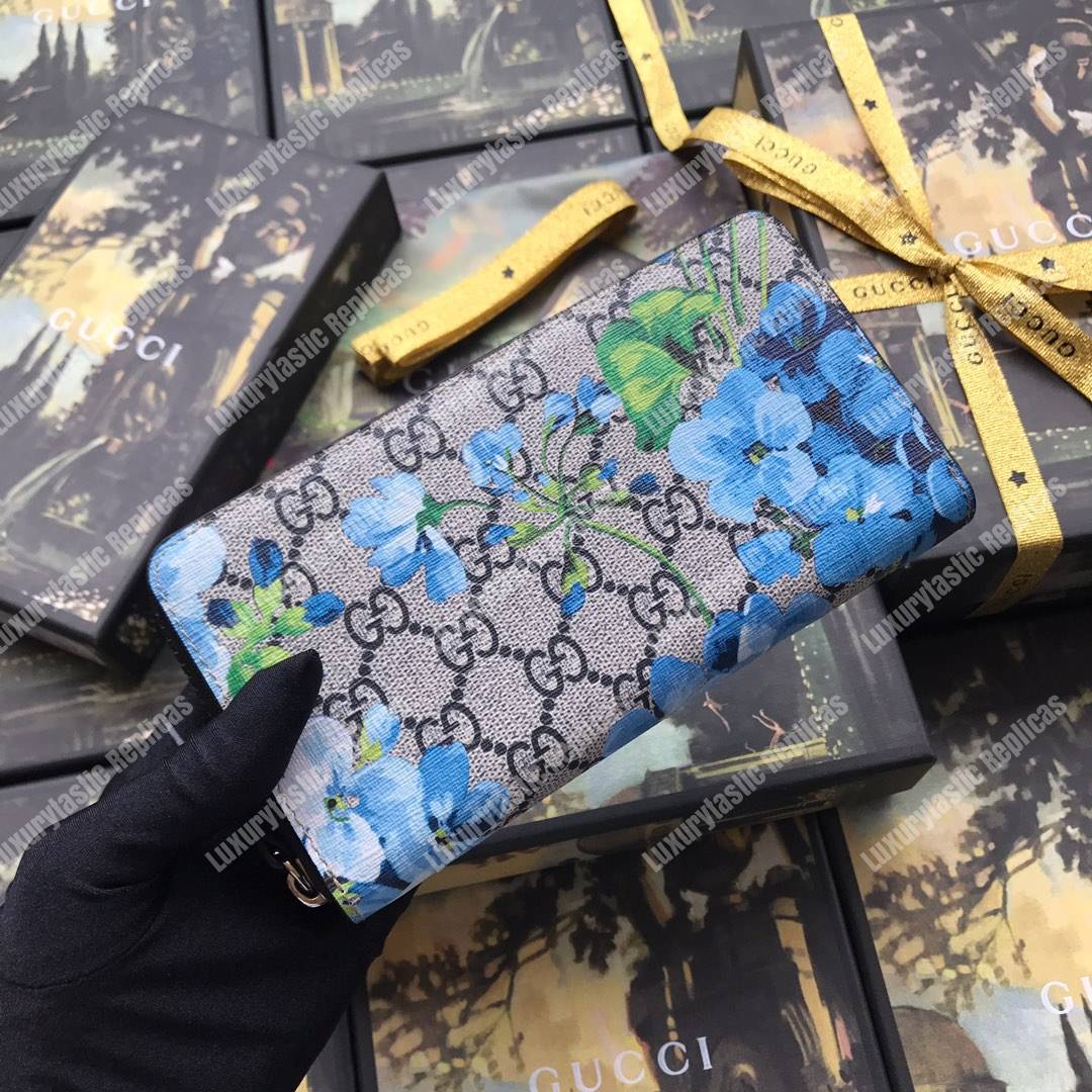 G*u*i gg blue blooms sup*e zip around wallet antique blue