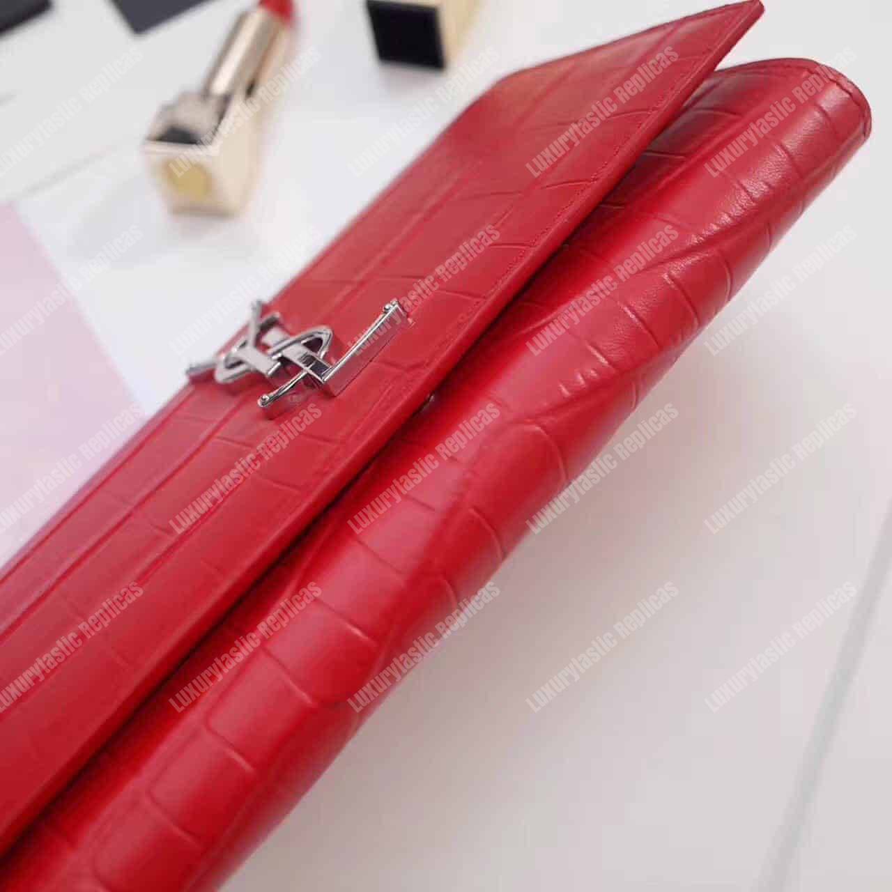 Saint Laurent Large Flap Wallet In Red Crocodile Embossed Shiny