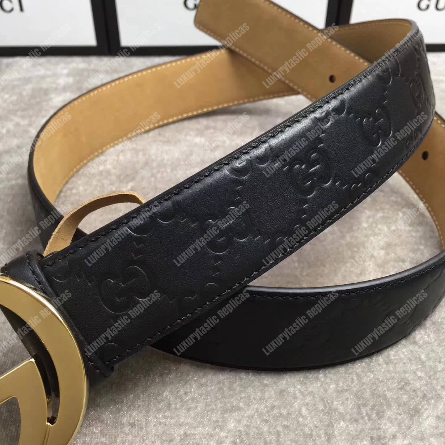 G*u*i signature leather belt with gold interlocking g buckle