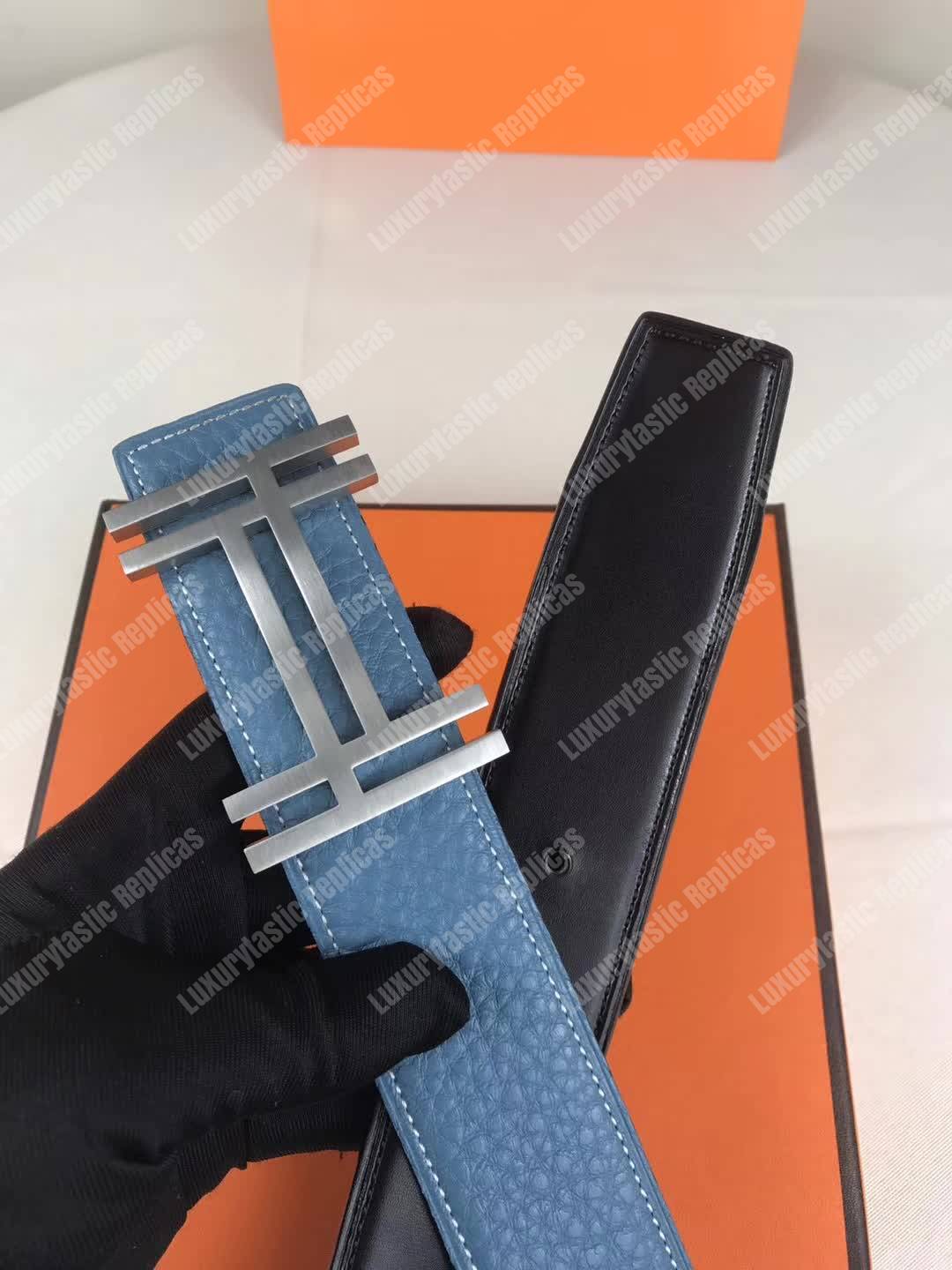 H**mes h au carre belt buckle reversible leather strap graphite / bleu de prusse