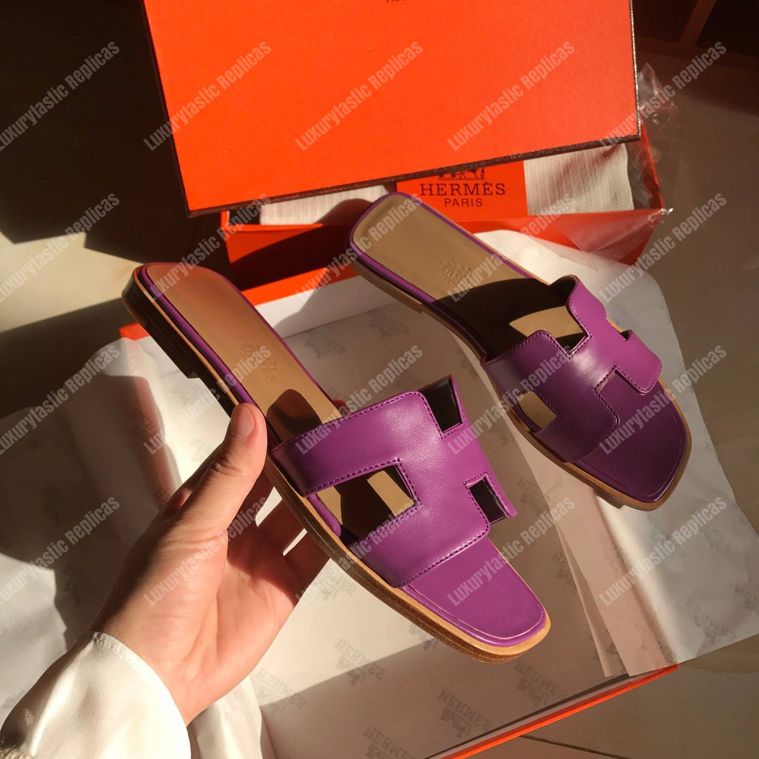 H**mes oran sandal calfskin leather purple