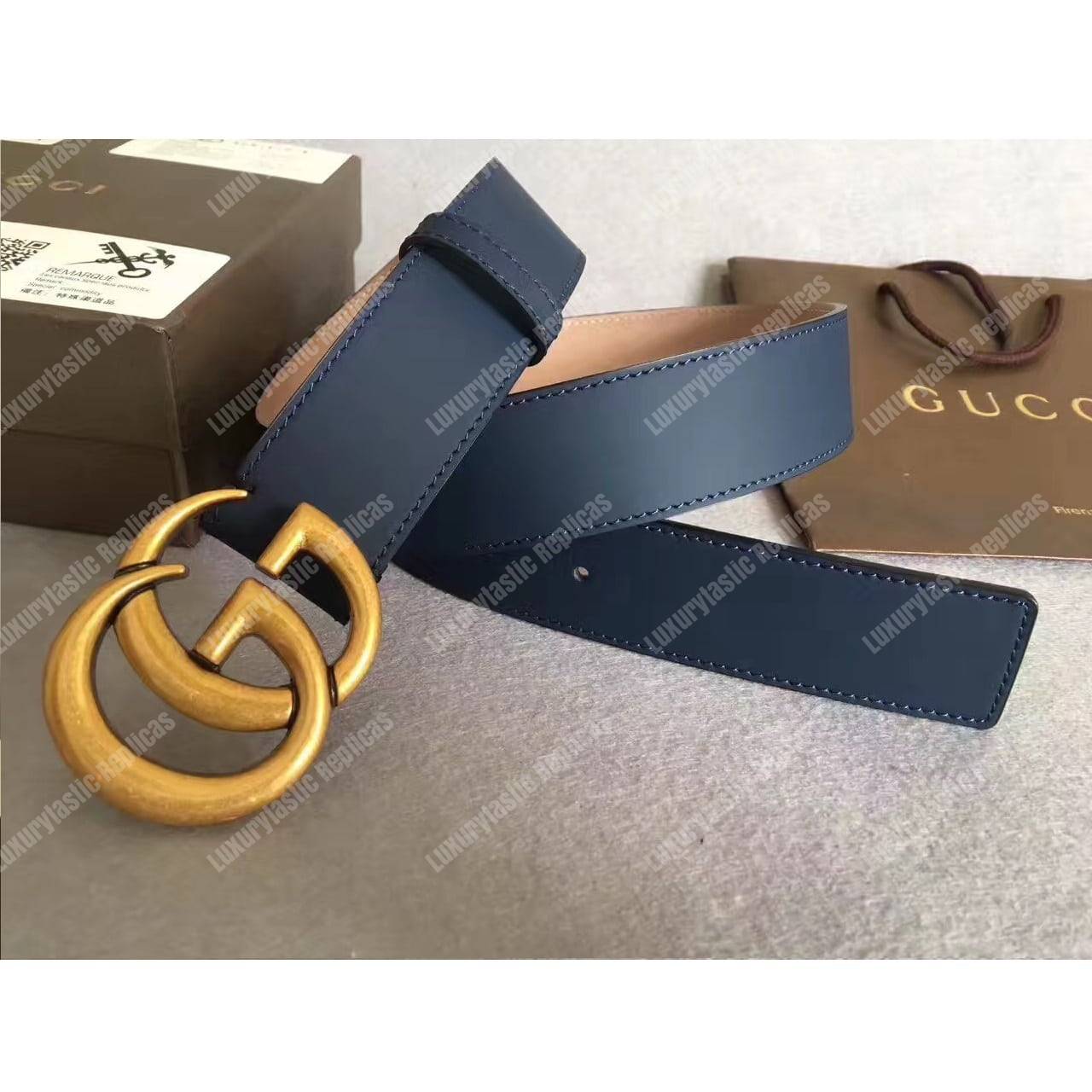 G*u*i marine blue leather belt with double g buckle