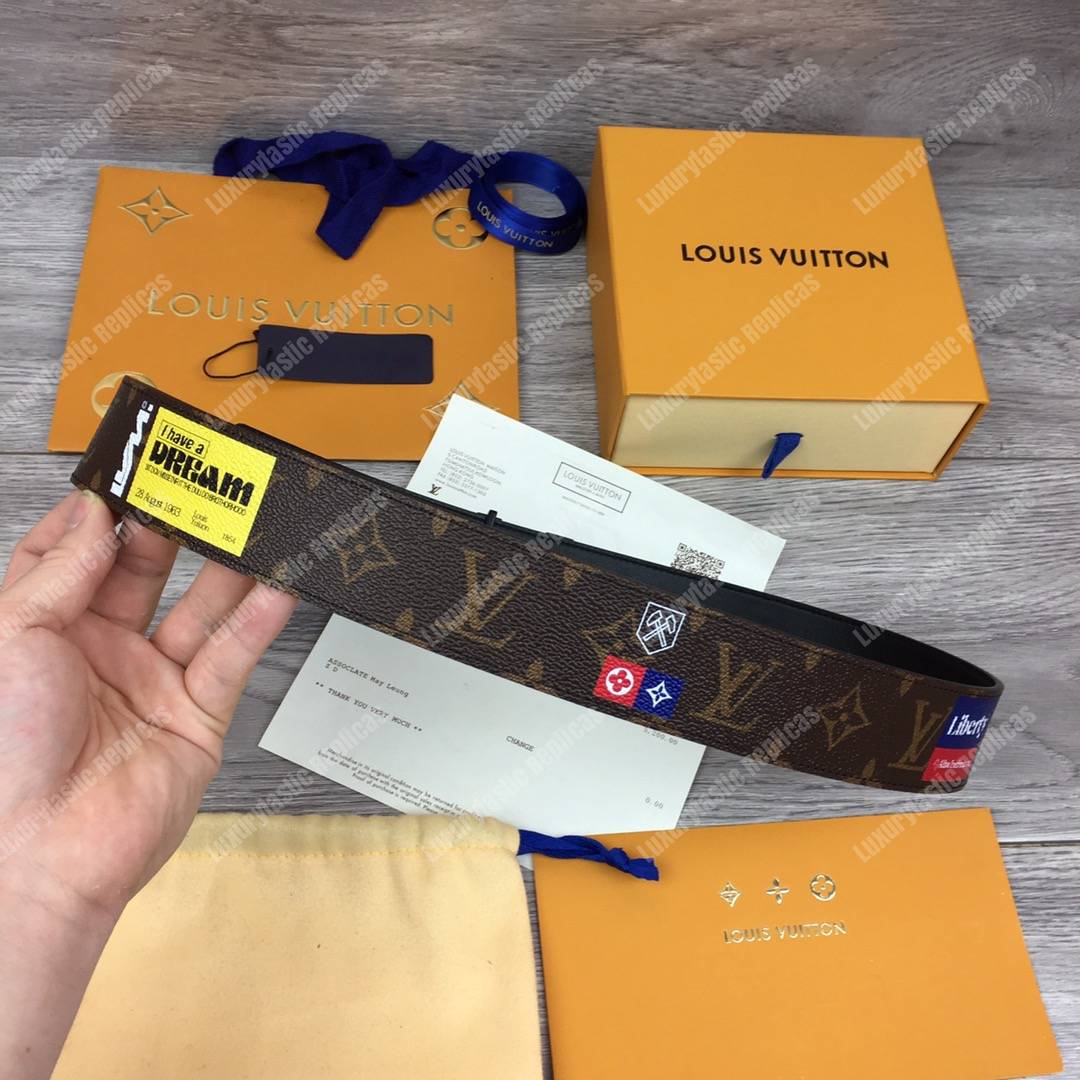 LV Brown Initiales With Printed Stickers 40MM Reversible Leather Belt Black Hardware
