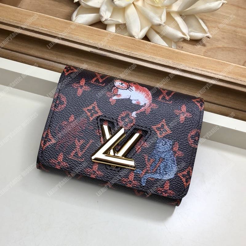 LV Twist Compact Wallet Catogram Dogs and Cats Brown Orange