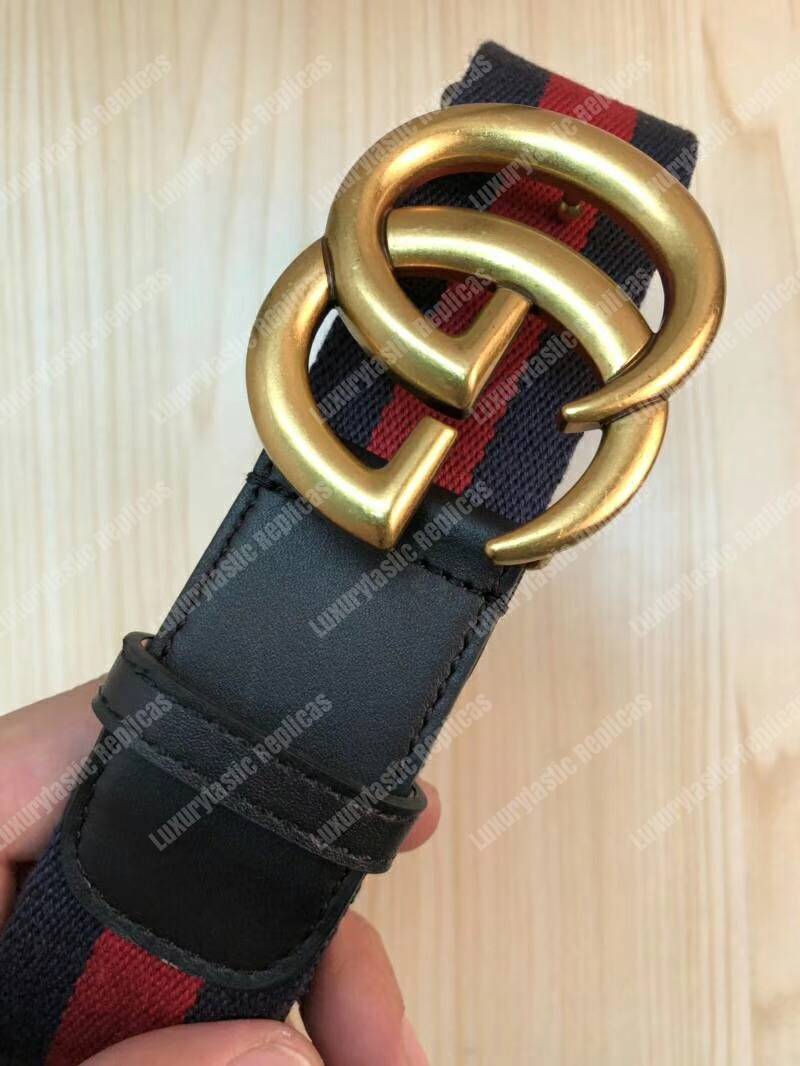 G*u*i nylon web belt with double g buckle blue and red