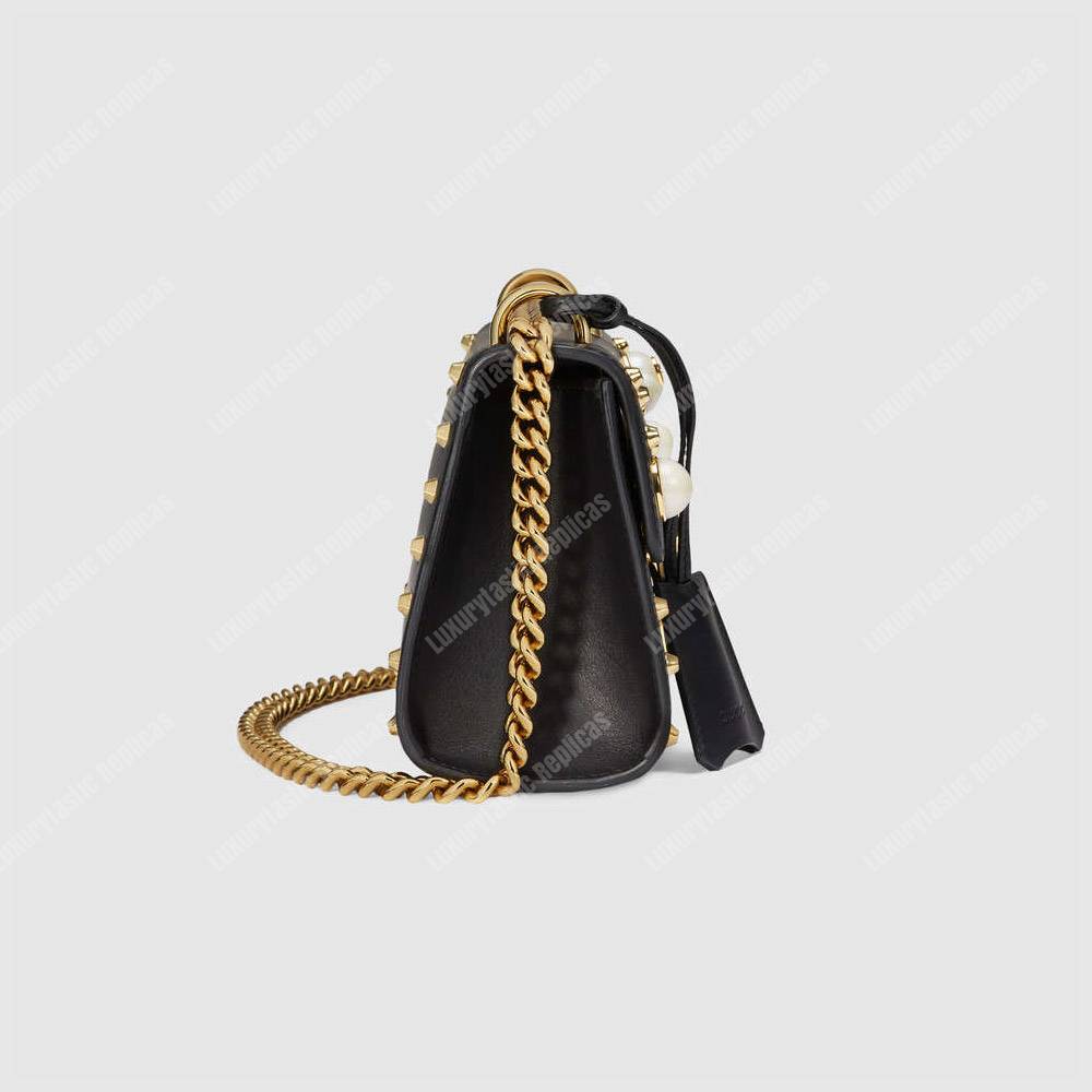 G*u*i padlock shoulder bag black with pearls
