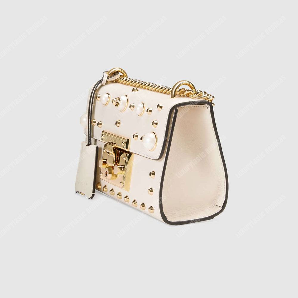 G*u*i padlock shoulder bag white with pearls