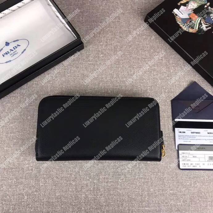 Pra*a large saffiano leather wallet black gold hardware
