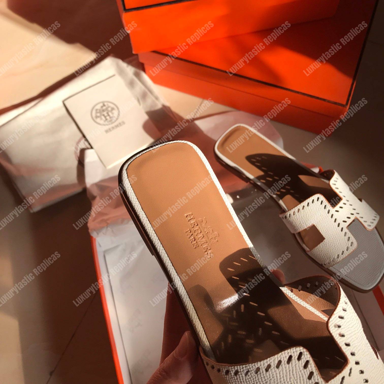 H**mes oran sandal framed studs white