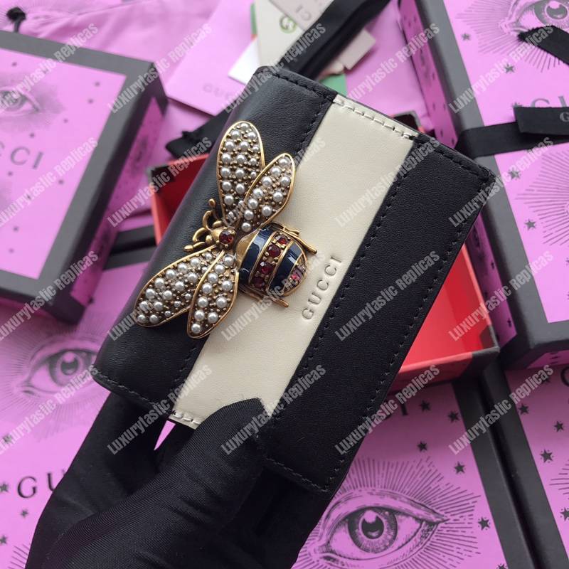 G*u*i queen margaret leather card case wallet black white