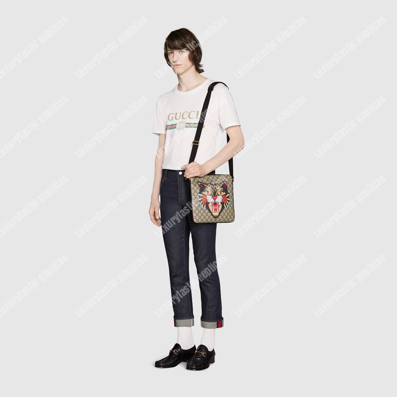 G*u*i angry cat print gg sup*e flat messenger bag