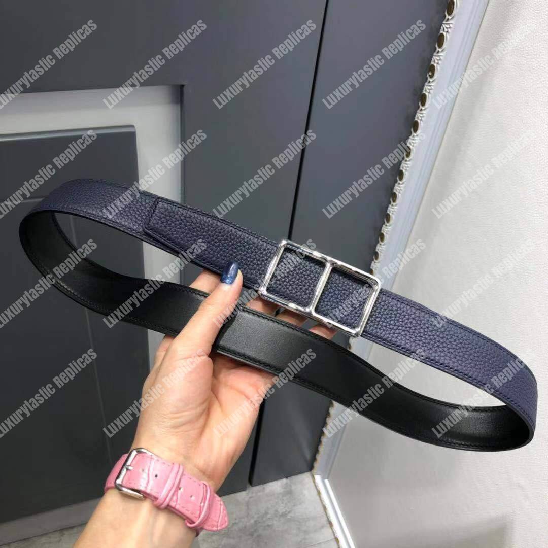 H**mes officier belt buckle reversible leather strap black/bleu de prusse