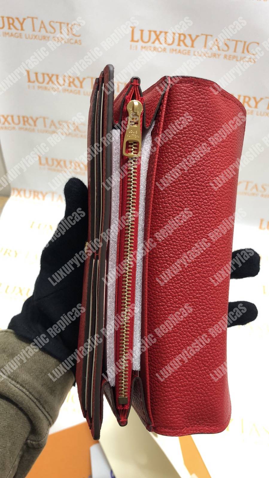 LV Sarah Wallet Monogram Empreinte Leather Scarlet