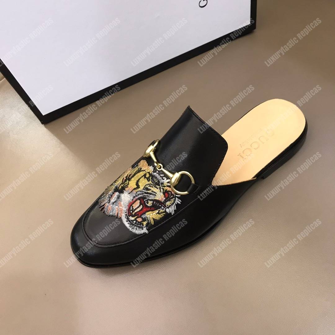 G*u*i princetown leather tiger slipper black