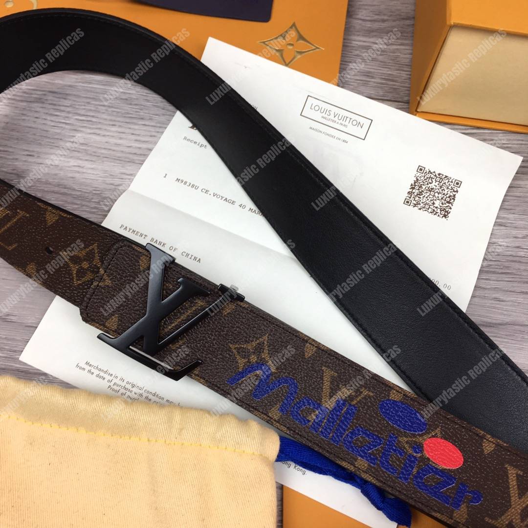 LV Brown Initiales With Printed Stickers 40MM Reversible Leather Belt Black Hardware