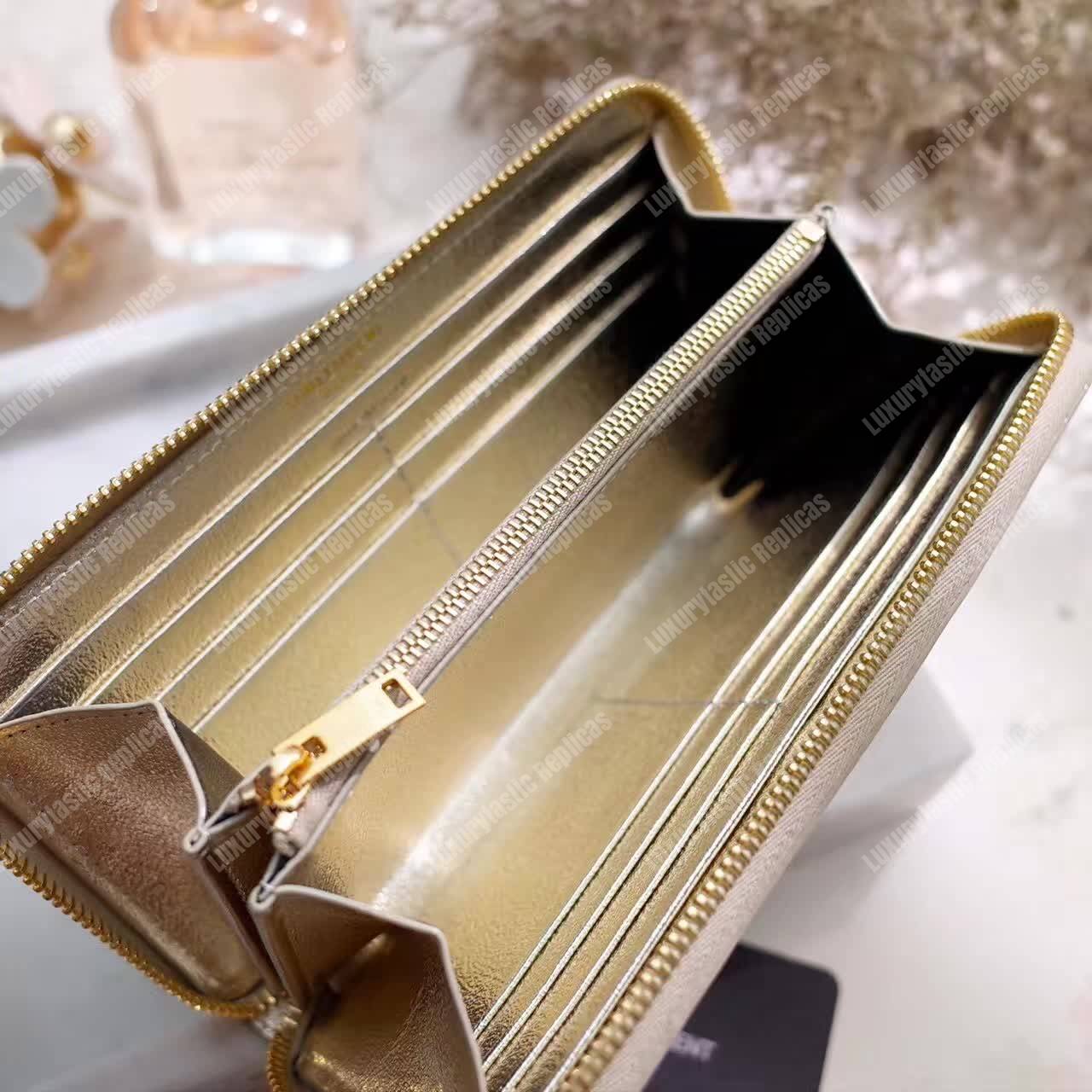 Saint Laurent Monogram Zip Around Wallet Pale Gold Grain De Poudre