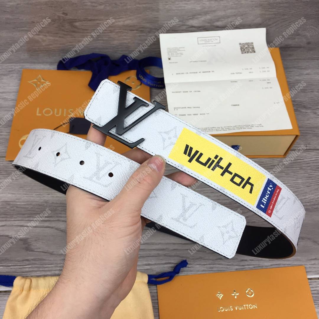 LV White Initiales With Printed Stickers 40MM Reversible Leather Belt Black Hardware