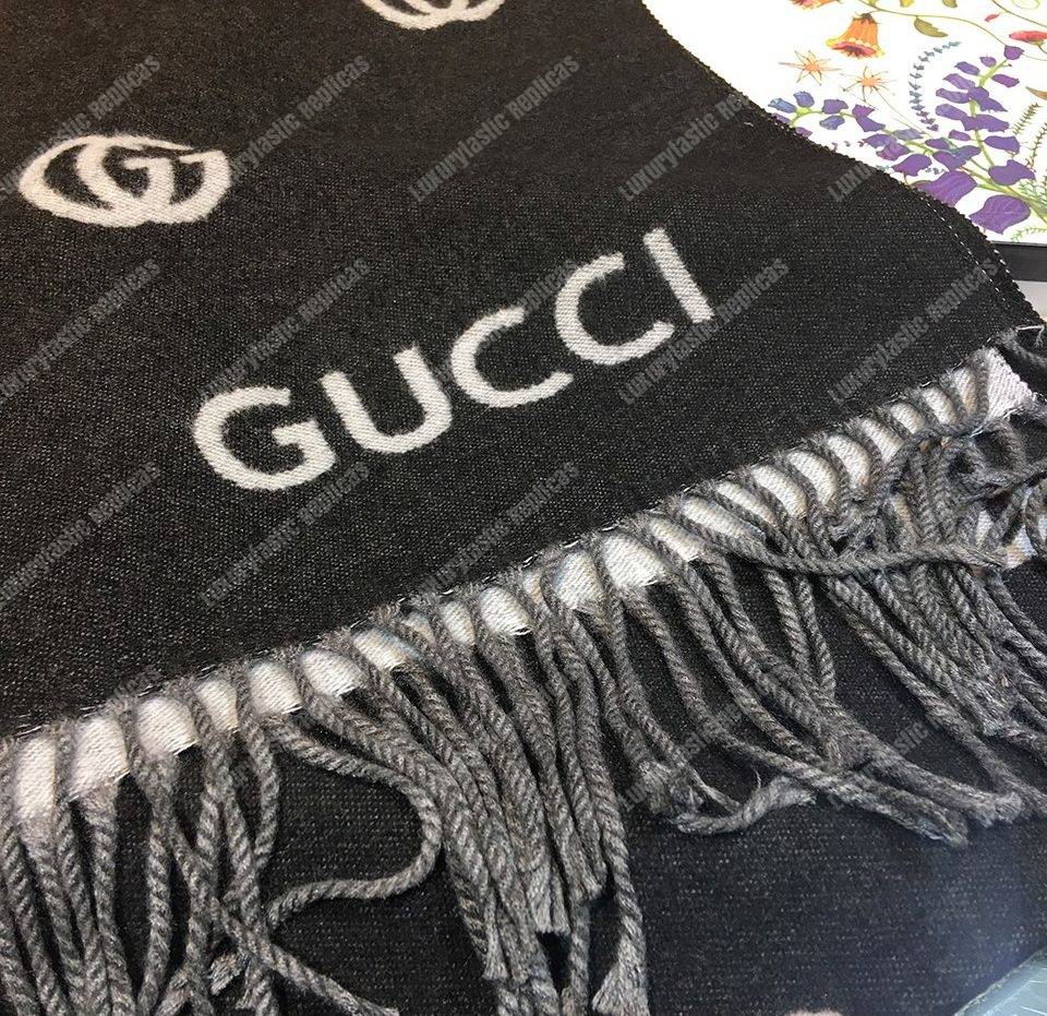 G*u*i wool scarf double g pattern black white