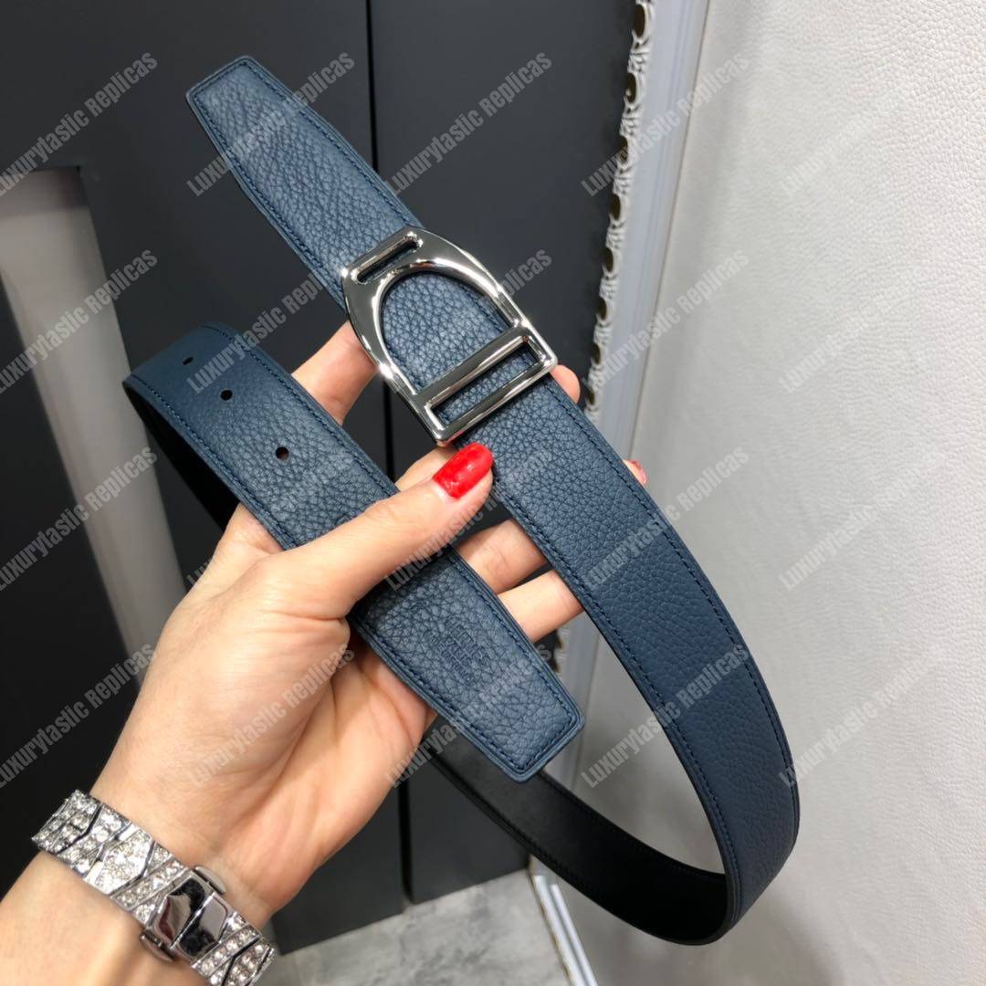 H**mes etrier buckle & reversible leather strap 32 mm noir / bleu de prusse