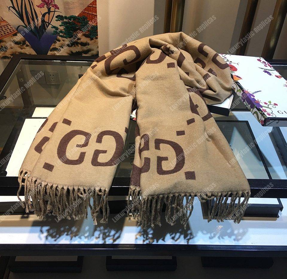 G*u*i gg jacquard wool silk scarf brown & beige