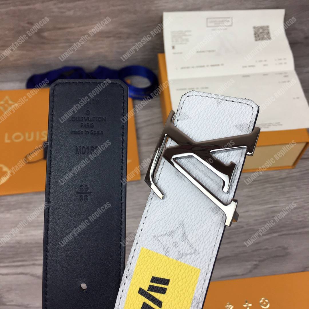 LV White Initiales With Printed Stickers 40MM Reversible Leather Belt Gold Hardware