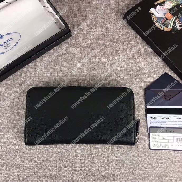 Pra*a large saffiano leather wallet black silver hardware