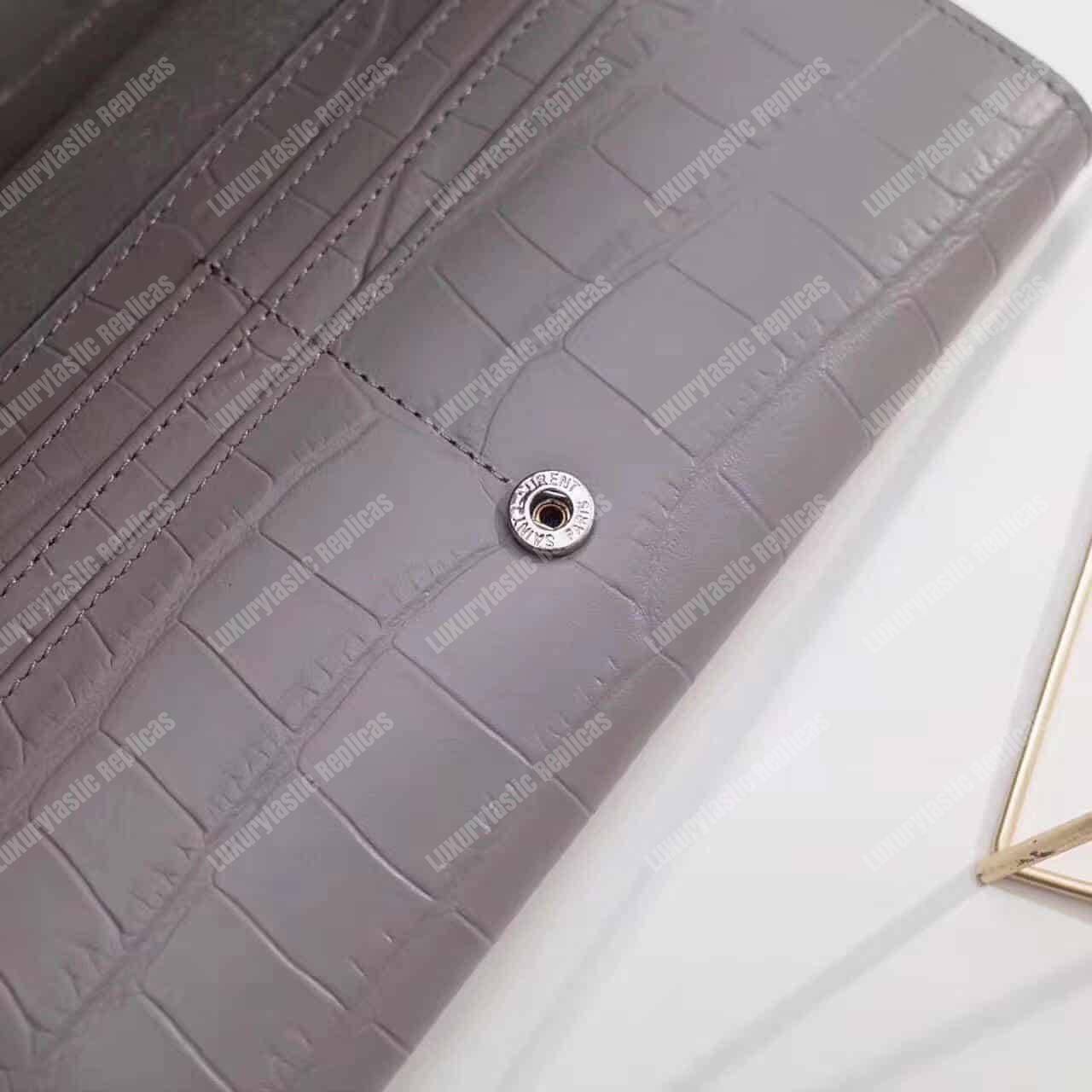 Saint Laurent Large Flap Wallet In Earth Grey Crocodile Embossed Shiny