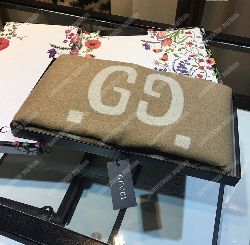 G*u*i gg jacquard wool silk scarf taupe & ivory