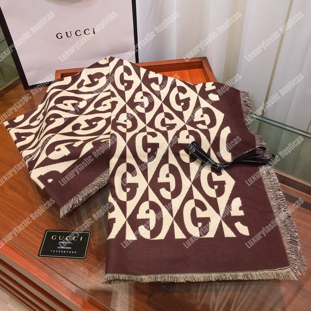 G*u*i g rhombus lamé wool jacquard stole brown white