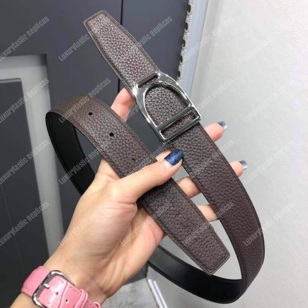 H**mes etrier buckle & reversible leather strap 32 mm noir / chocolat