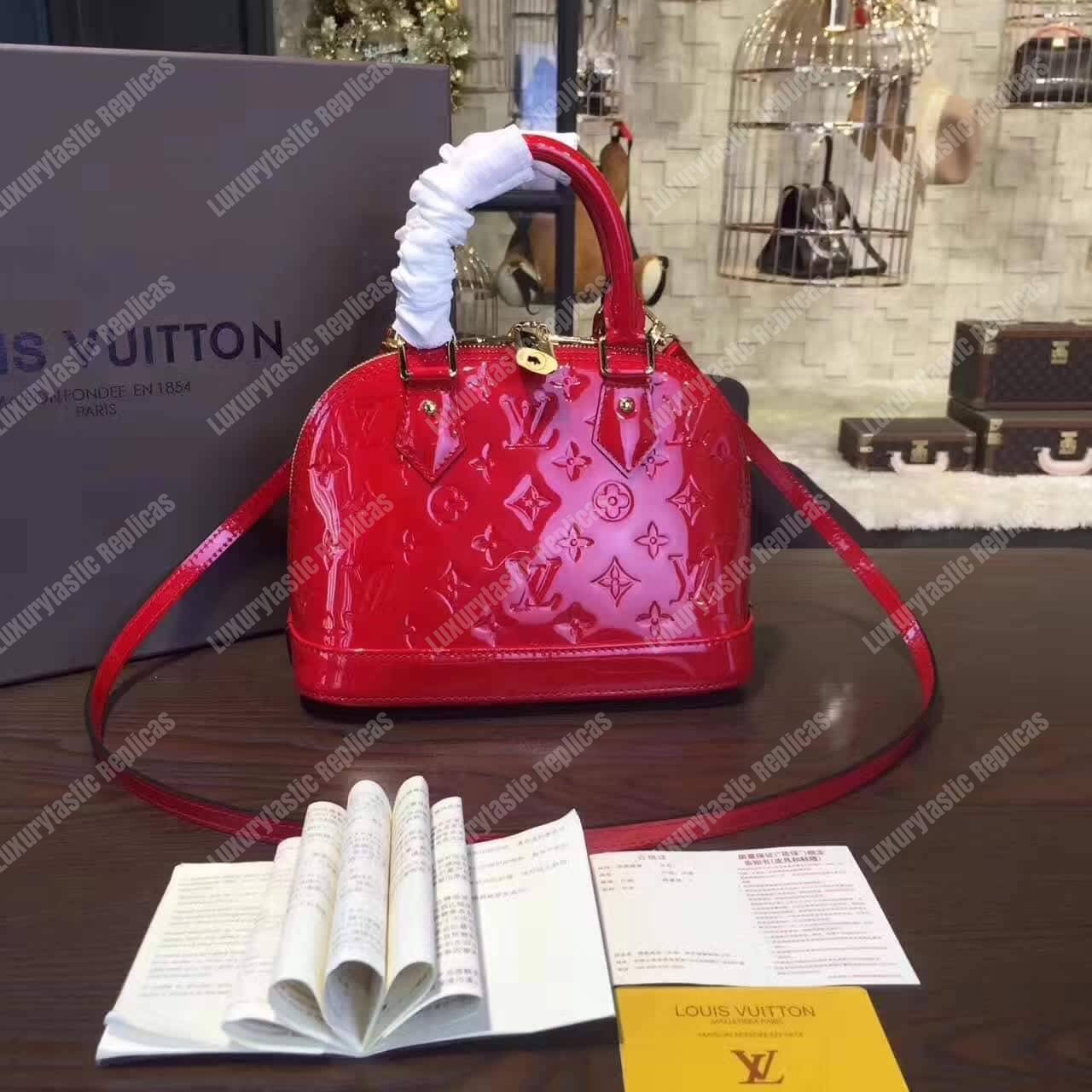 LV Alma BB Tote Bag Monogram Vernis Red