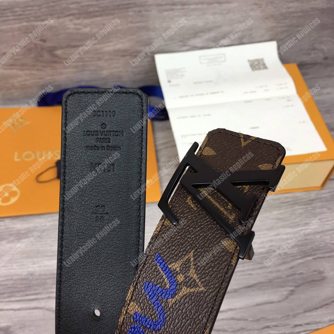 LV Brown Initiales With Printed Stickers 40MM Reversible Leather Belt Black Hardware
