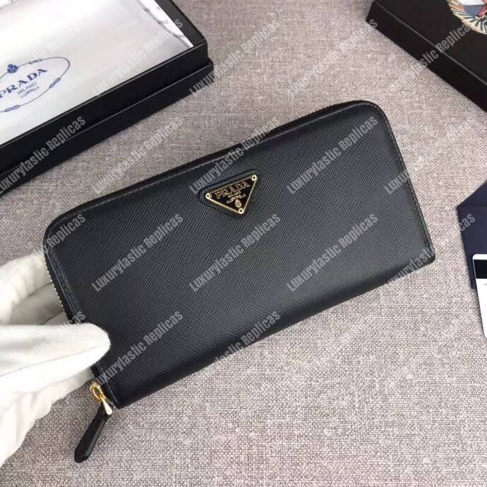 Pra*a large saffiano leather wallet black gold hardware