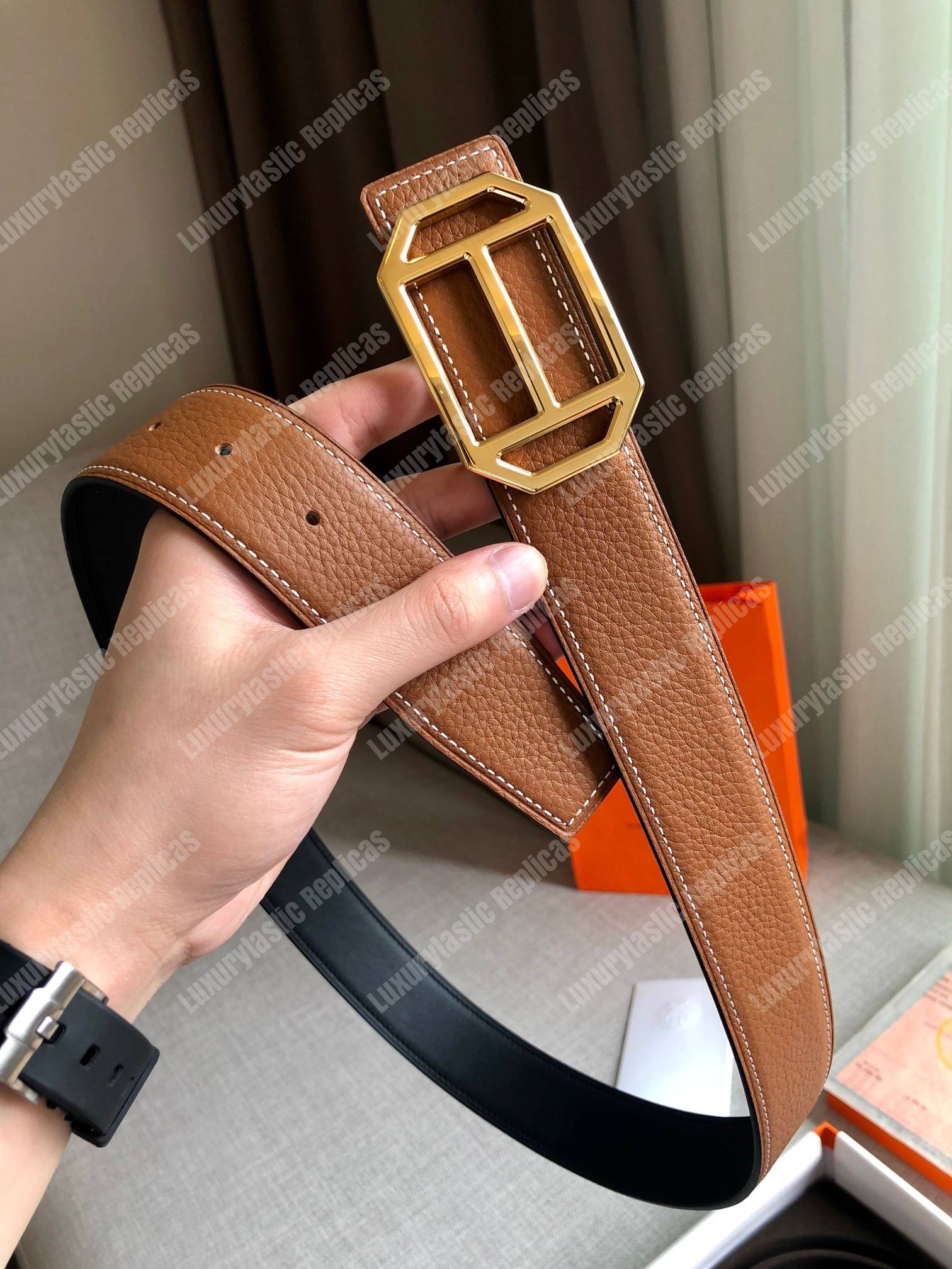 H**mes pad belt buckle & reversible leather strap black / brown