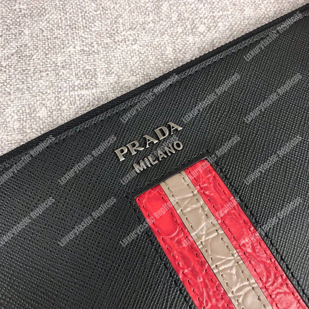 Pra*a saffiano and crocodile leather pouch red / brown