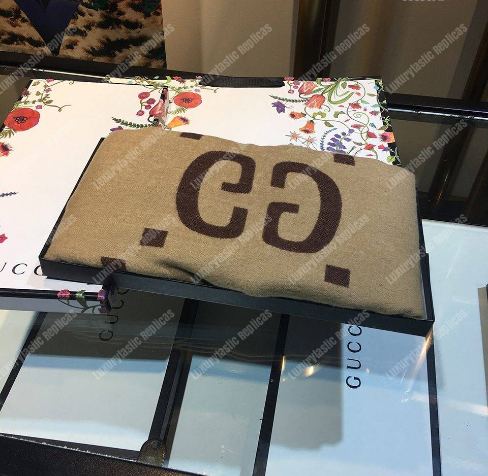 G*u*i gg jacquard wool silk scarf brown & beige