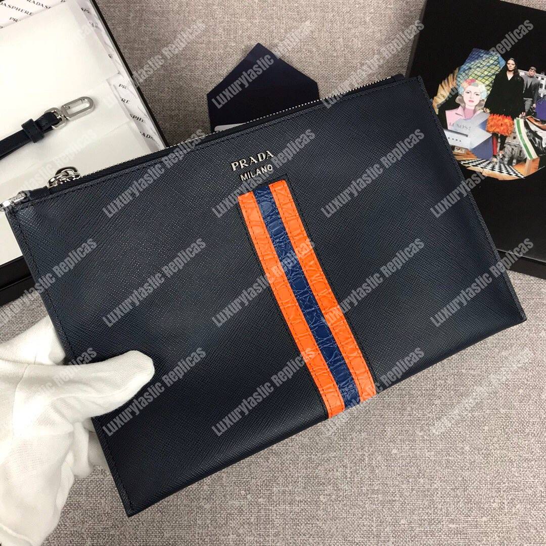Pra*a saffiano and crocodile leather pouch orange / blue