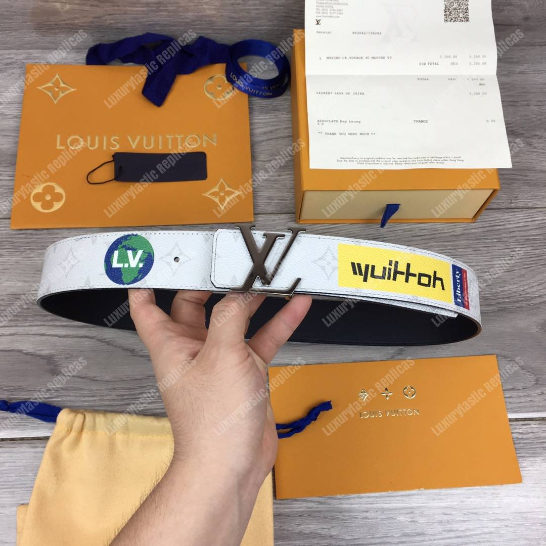 LV White Initiales With Printed Stickers 40MM Reversible Leather Belt Gold Hardware