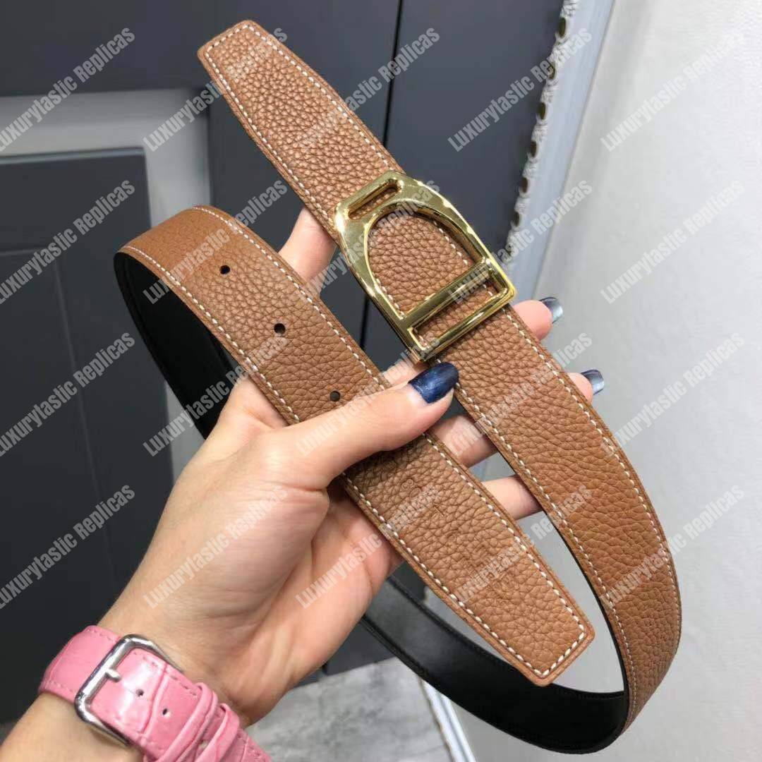 H**mes etrier buckle & reversible leather strap 32 mm noir / gold