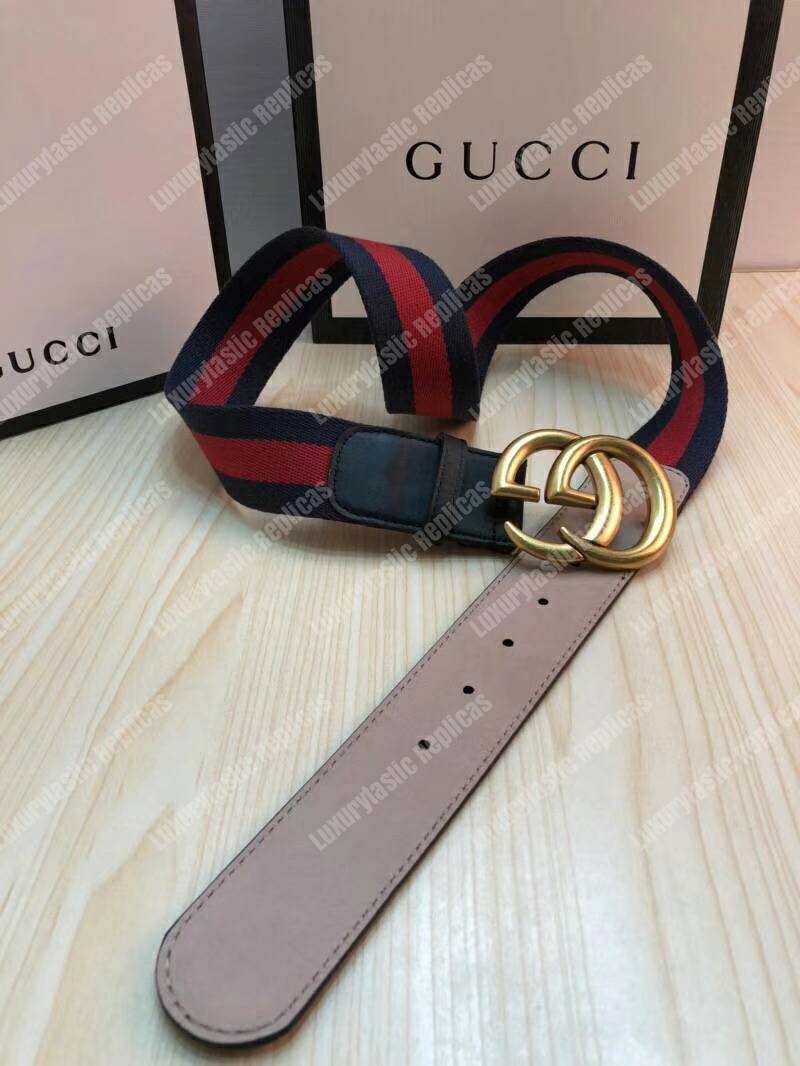 G*u*i nylon web belt with double g buckle blue and red