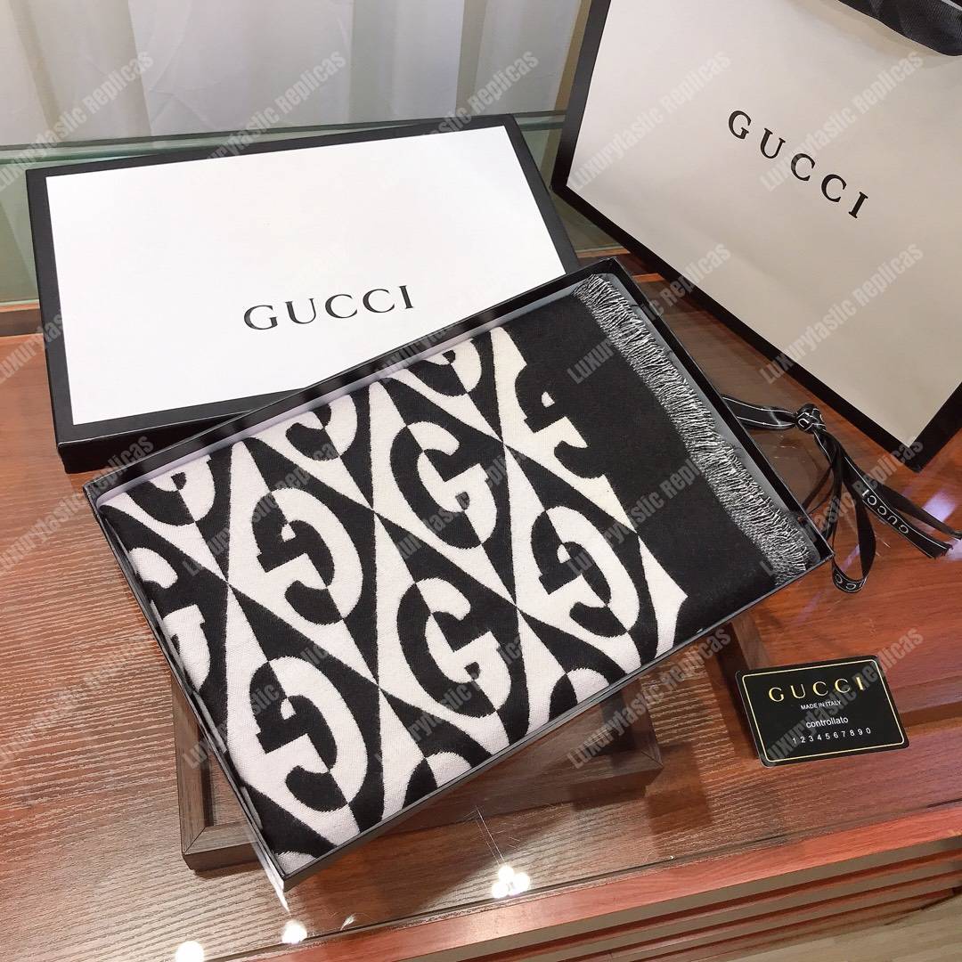 G*u*i g rhombus lamé wool jacquard stole white black