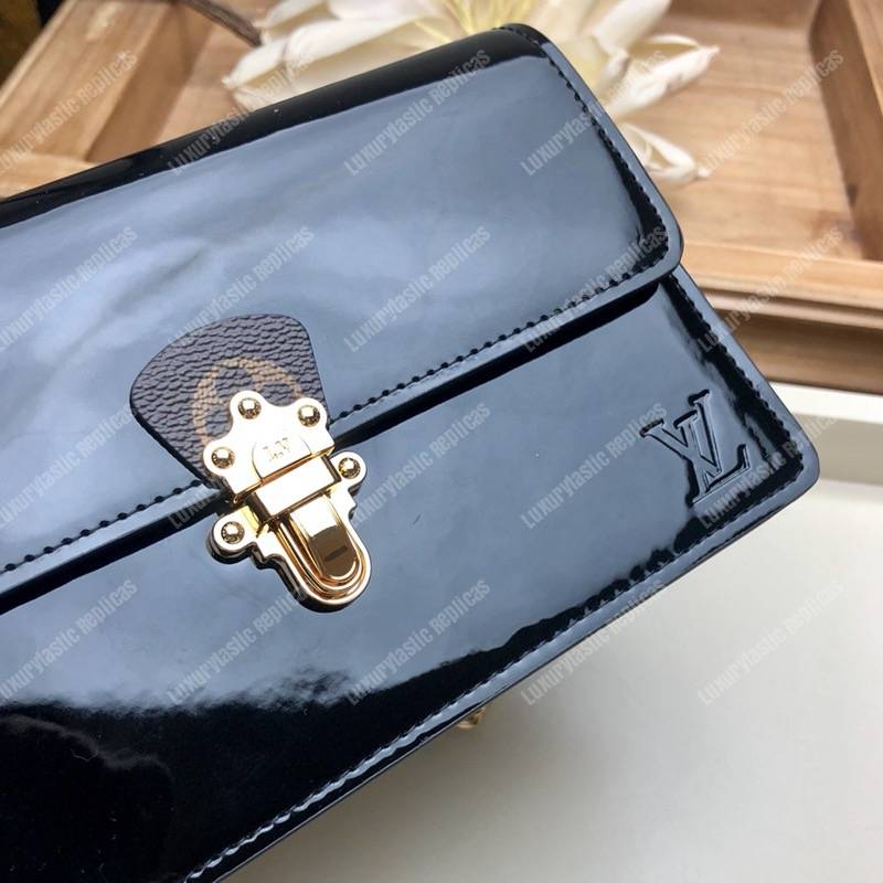 LV Cherrywood Chain Wallet patent calf leather with Monogram canvas in Black