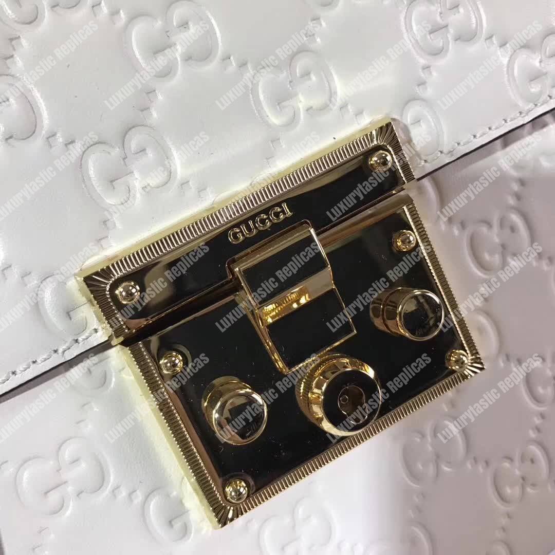 G*u*i padlock small signature top handle bag white