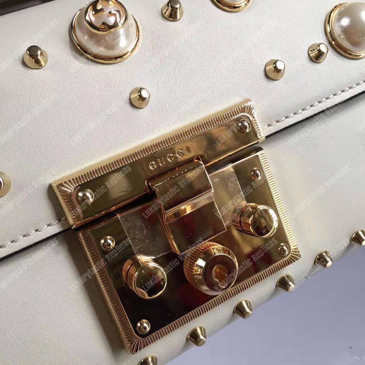 G*u*i padlock shoulder bag white with pearls