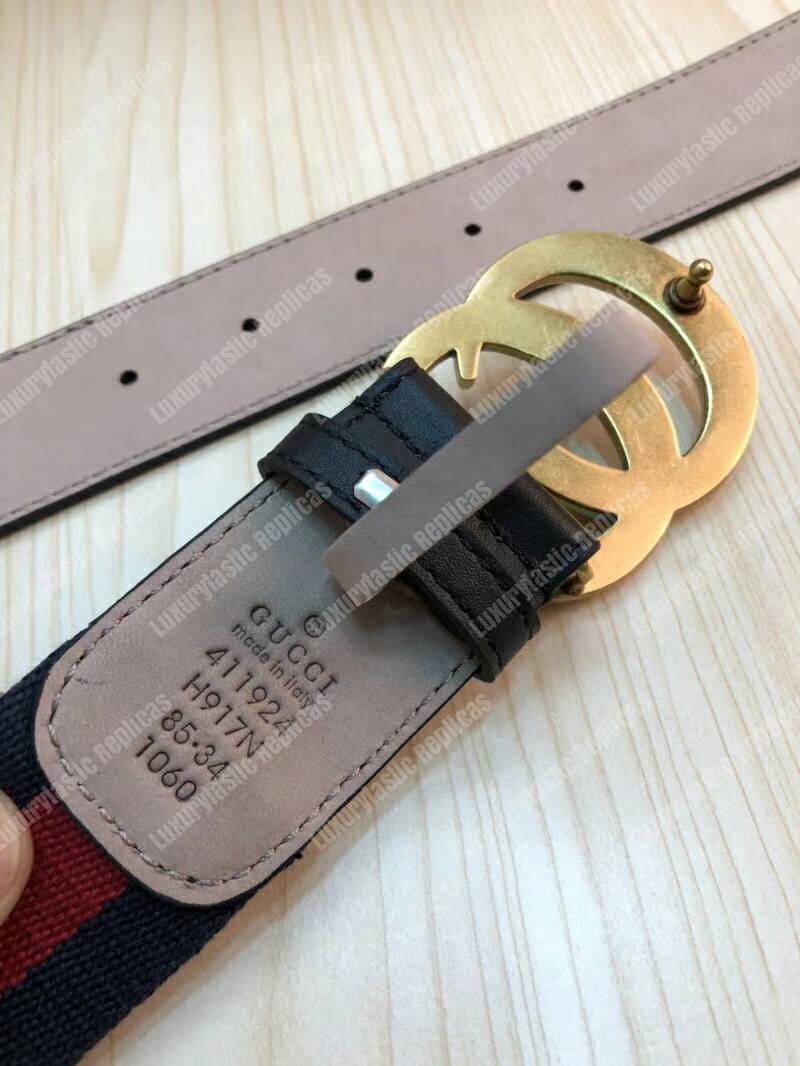 G*u*i nylon web belt with double g buckle blue and red