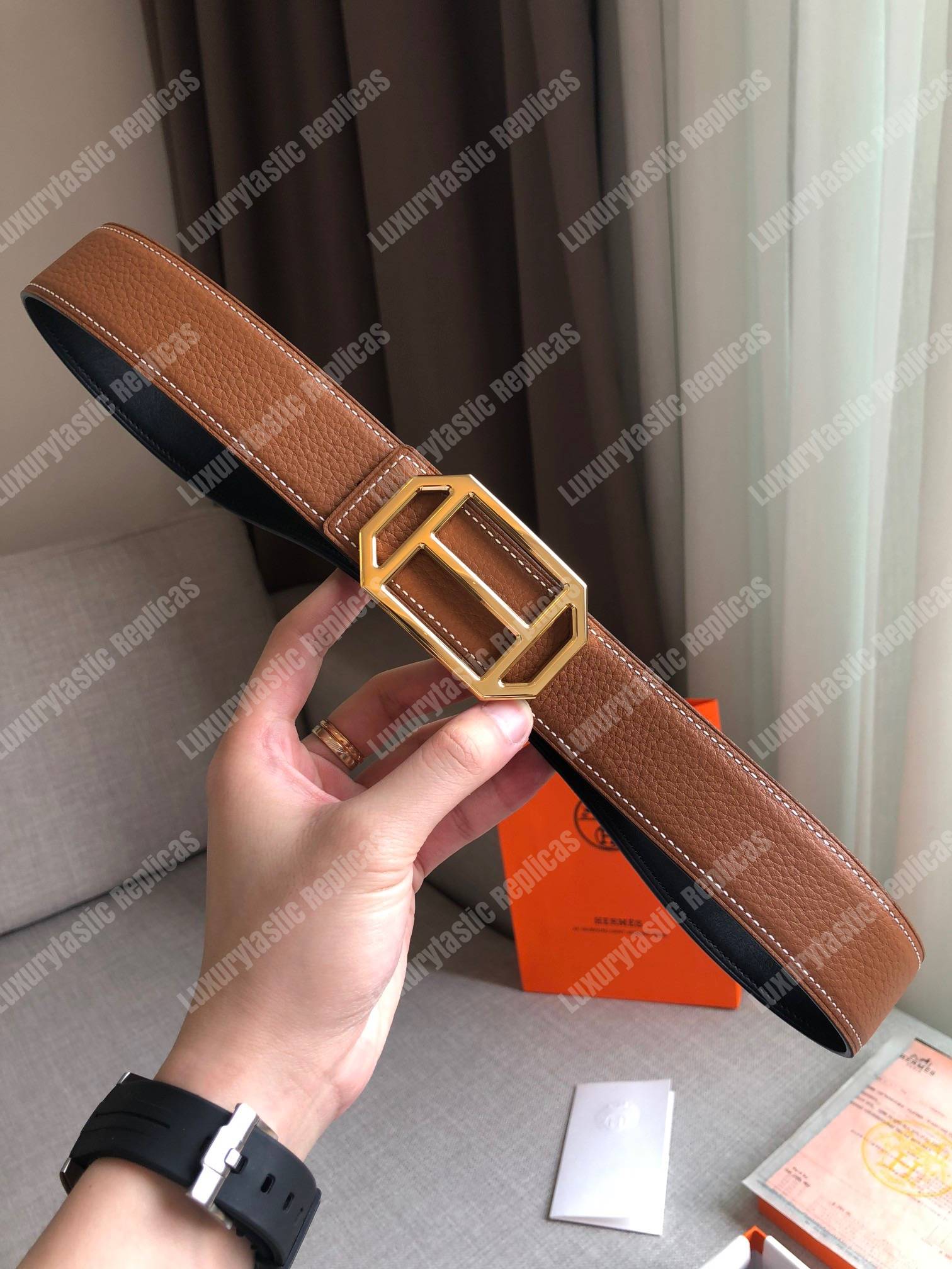 H**mes pad belt buckle & reversible leather strap black / brown