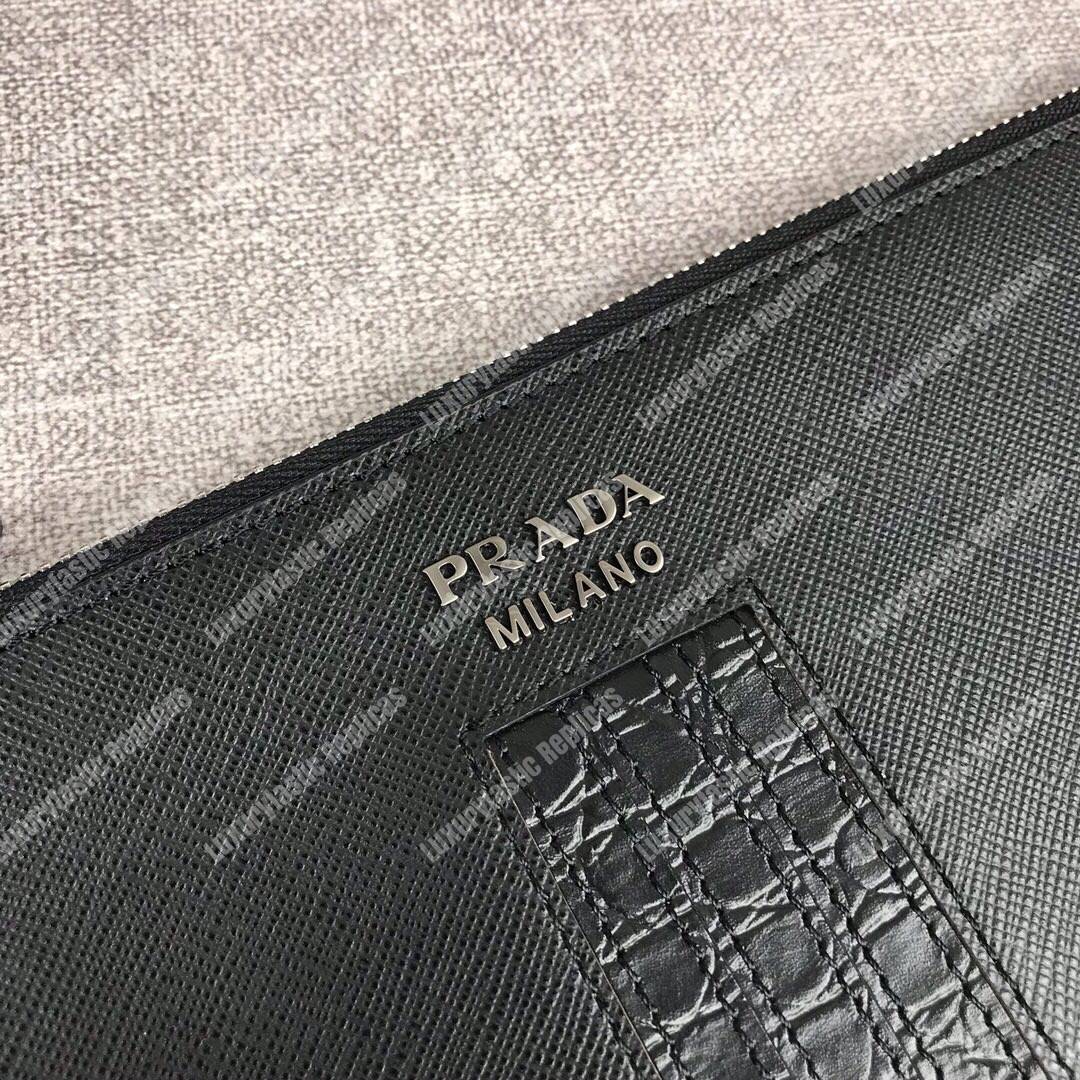 Pra*a saffiano and crocodile leather pouch black